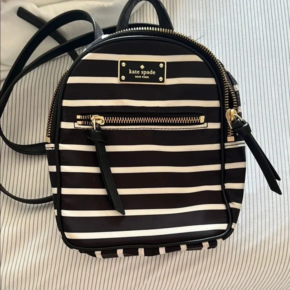 Kate Spade Black and White Striped Backpack with Gold Accents - Picture 1 of 3